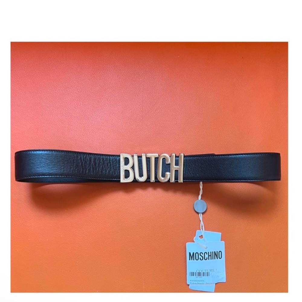 New! MOSCHINO Logo Butch Lettering Leather Belt - Picture 3 of 8
